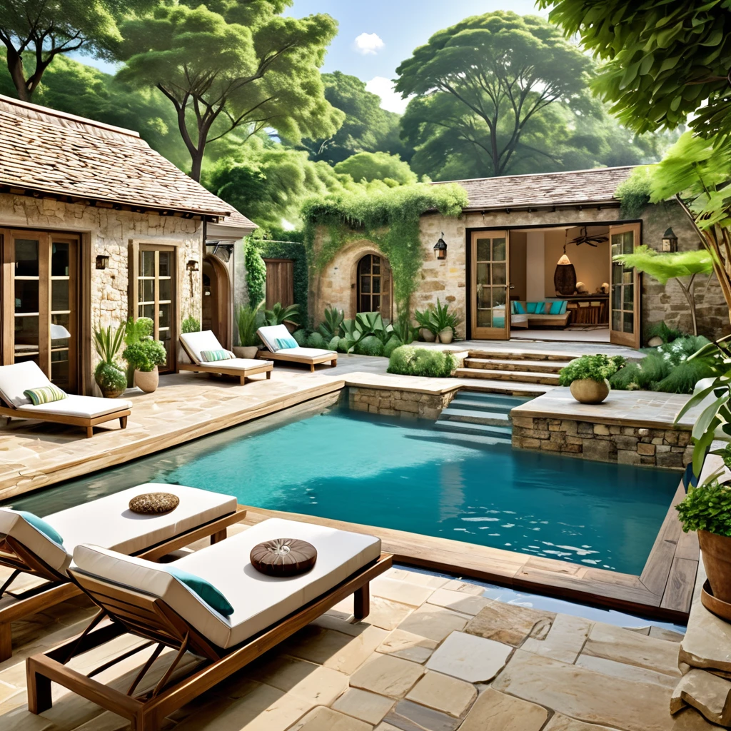 Design a cozy and rustic courtyard with a natural pool. The courtyard should have a charming, aged appearance with stone walls and large wooden doors. Include comfortable wooden lounge chairs with soft cushions, a small bar area with high stools, and various potted plants. The pool should have clear water with a turquoise hue, surrounded by lush greenery and natural elements, creating a peaceful and intimate setting.
