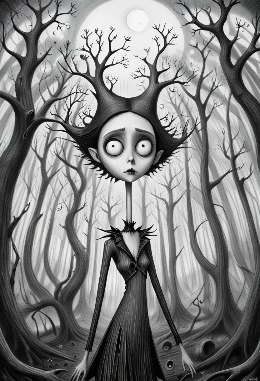 monochrome (pencil scektch:1.3),(she:1.15) In a Tim Burton-inspired forest, peculiar trees with angular branches reach towards the sky.The juxtaposition of Burton's peculiar charm and the mesmerizing allure of geometry gives birth to a truly enchanting and captivating scene.,(hand drawn with pencil:1.15), (tim burton style:1.27), ,