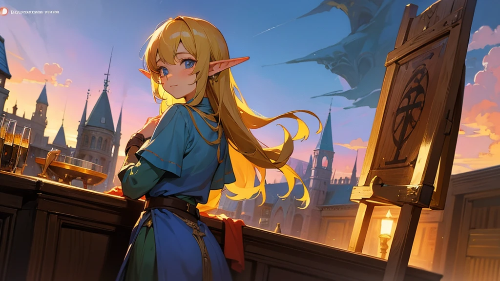 Anime Style,Nostalgic,Detailed background,The medieval world,A lively bar with lots of people,Beautiful sky,A beautiful bard elf girl looking back at me