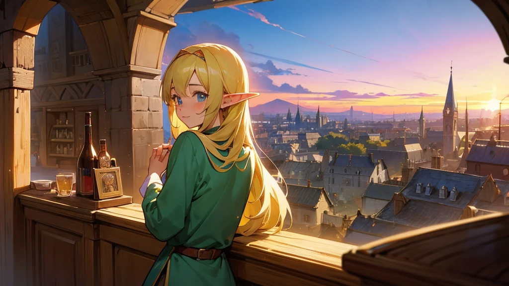 Anime Style,Nostalgic,Detailed background,The medieval world,A lively bar with lots of people,Beautiful sky,A beautiful bard elf girl looking back at me