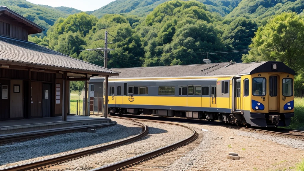 Rural Station、train、Bird&#39;s-eye view、Highest quality 8K, RAW photo, best quality, masterpiece, realistic, photo-realistic