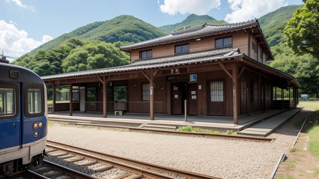 Rural Station、train、Bird's-eye view、Highest quality 8K, RAW photo, best quality, masterpiece, realistic, photo-realistic
