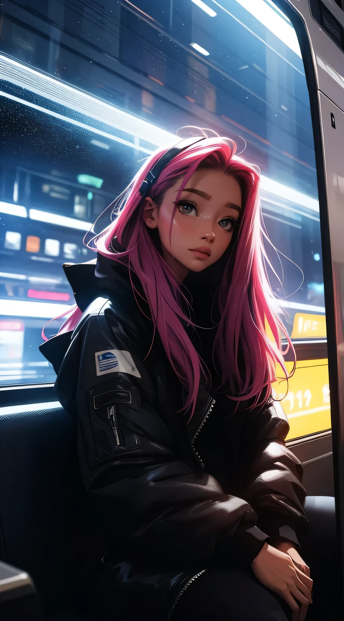 train du futur, cyberpunk,  sitting by the window,  pose pensives, Look at the stars, Head glued to the glass, Landscape passing by at high speed, voyage de nuit, beautiful starry sky, Une belle fille avec, UHD Portrait, (High quality) (ultra details) Regarder le spectateur en tenue de ville de style hip-hop; different, colourfull, colored  long hair 🌈