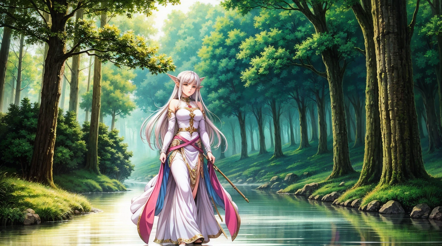 An elf woman with silver hair in the midst of an adventure, crossing a magical river in a mystical forest. She is alert and ready for action, with her long flowing silver hair, pointed ears, and elegant attire. The river is glowing with magical light and surrounded by ancient trees and mystical creatures. The elf woman is holding a staff, using its power to guide her way. The style is reminiscent of Japanese anime, with vibrant colors, expressive faces, and dynamic poses.