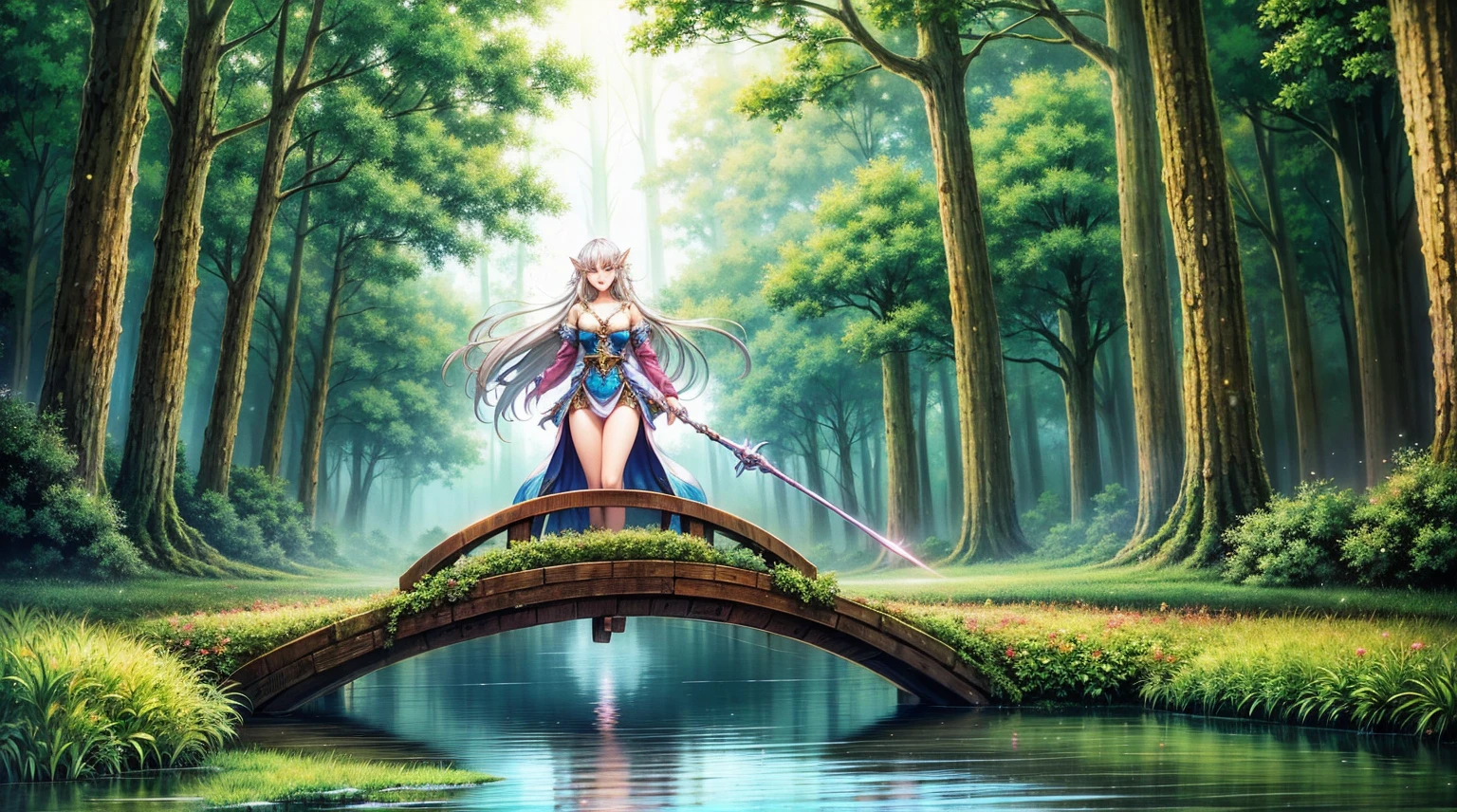An elf woman with silver hair in the midst of an adventure, crossing a magical river in a mystical forest. She is alert and ready for action, with her long flowing silver hair, pointed ears, and elegant attire. The river is glowing with magical light and surrounded by ancient trees and mystical creatures. The elf woman is holding a staff, using its power to guide her way. The style is reminiscent of Japanese anime, with vibrant colors, expressive faces, and dynamic poses.