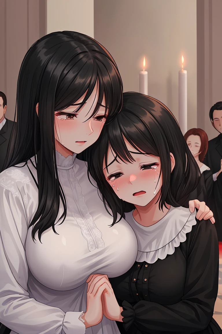 Beauty mother-in-law　Black Hair　Mother and daughter have beautiful breasts　Black mourning clothes　funeral　funeral home　Death of husband　Both mother and daughter are holding back tears.