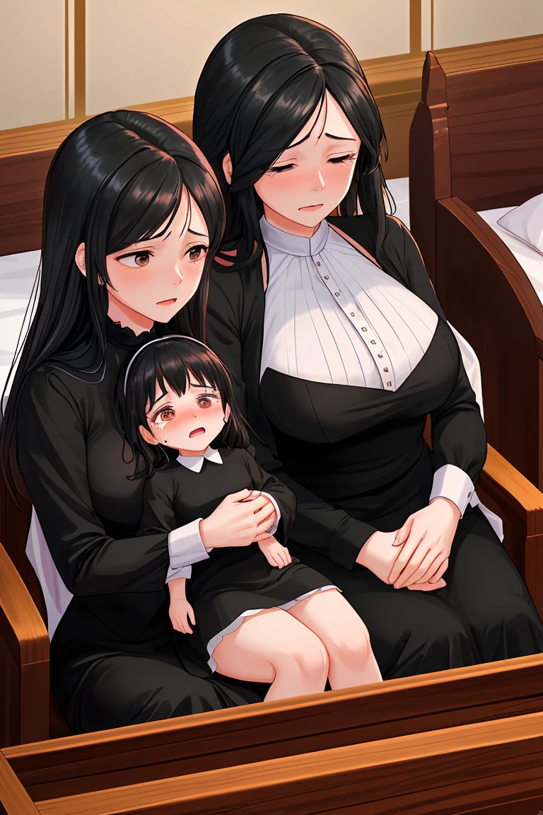 Beauty mother-in-law　Black Hair　A little height difference　Mother and daughter have beautiful breasts　Both mother and daughter are wearing black mourning clothes　funeral　church　Death of husband　Death of Father　Both mother and daughter are holding back tears.　White bra　White panties