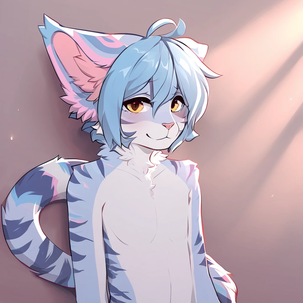 adult, feline, mammal, anthro, anthropomorphic, cat, striped, fur, furred_anthro, femboy, male, light_blue, pink_ears, ear_tufts, purple, paws, hair_tuft, hair_between_eyes, long_tail, fluffy, gentle_expression, expressive_eyes, slightly_smiling light_blue_hair, light looking_at_viewer, blue_fur, shy, small_pupils, spotted_pattern, stripes, tiger_stripes, digital_art, high_resolution, high_res, background shy, lying_down, relaxed_pose, one_arm_supporting_head, seductive_face, head_visible, neck_visible