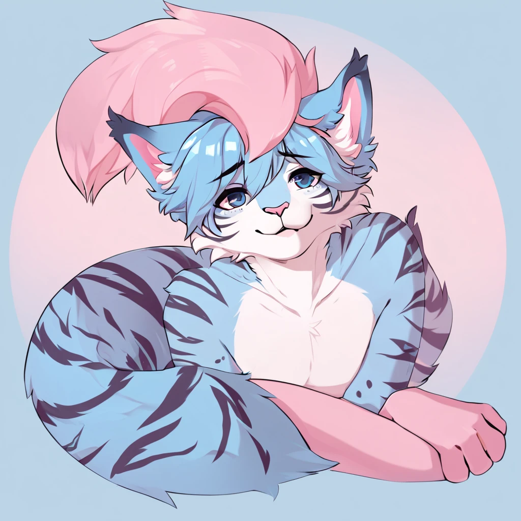 adult, feline, mammal, anthro, anthromorphic, cat, striped, fur, furred_anthro, femboy, male, blue, ear_tufts, purple, paws, hair_tuft, hair_between_eyes, long_tail, fluffy, expressive_eyes, blue/teal_hair, light looking_at_viewer, blue_fur, shy, small_pupils, spotted_pattern, stripes, tiger_stripes, digital_art, high_resolution, high_res, background, shy, posing, laying_down, pink_paws, paws, cute_background, pink_background