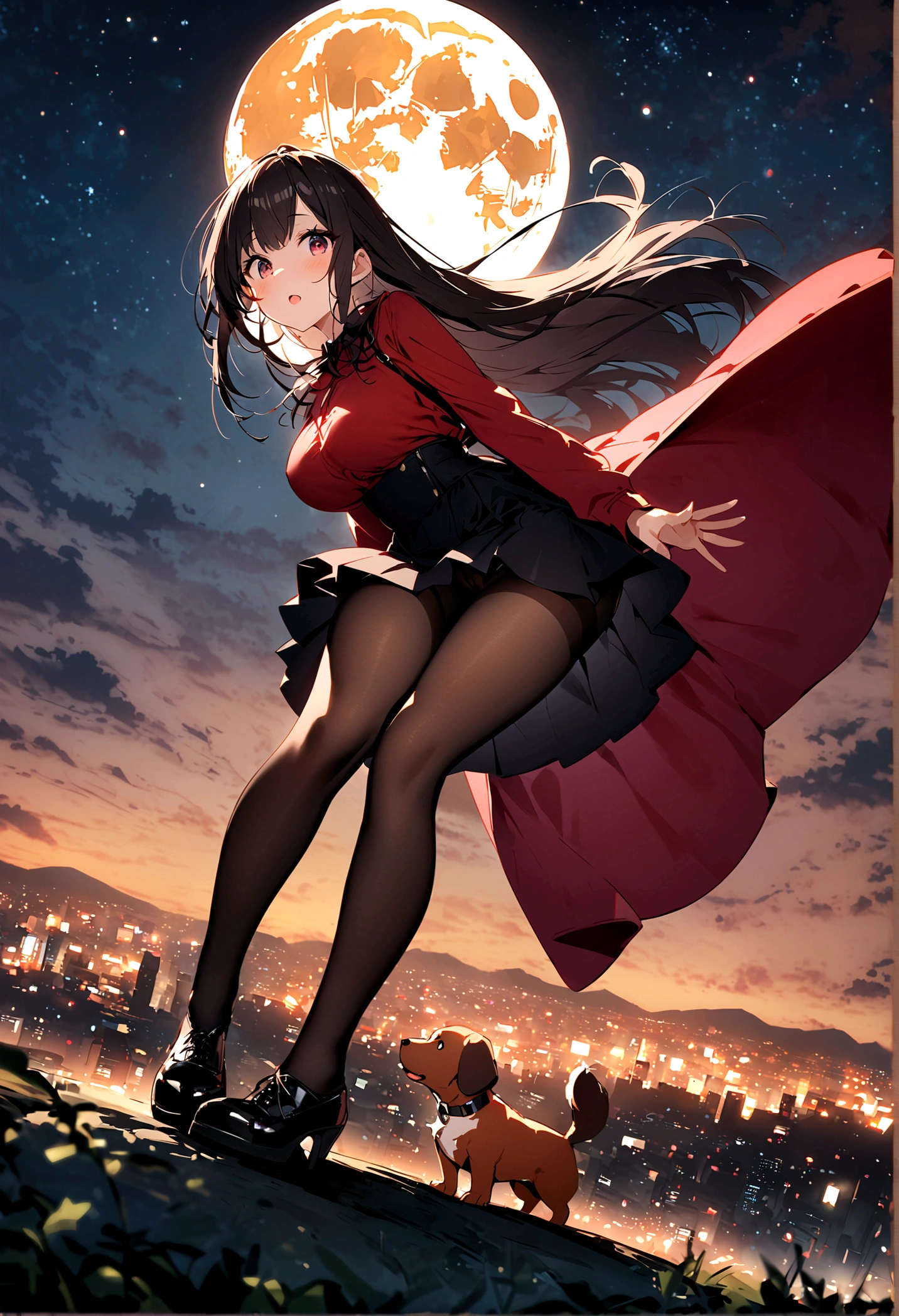 Dog 1、Woman 1、Red miniature dachshund、Red miniature dachshund long hair、dog'color is red、woman with very long black hair、Busty women、Spectacular views、Night Scene、The view from the top of the hill、Full moon night sky、swirling starry sky、8K、Best Quality、詳しいdogの顔、The woman is facing the opposite direction、Ria、I can't see a woman's face、The whole body is in the photo、Like the night view of Tokyo、The woman is wearing a miniskirt and her crotch is visible.、Pantyhose legs