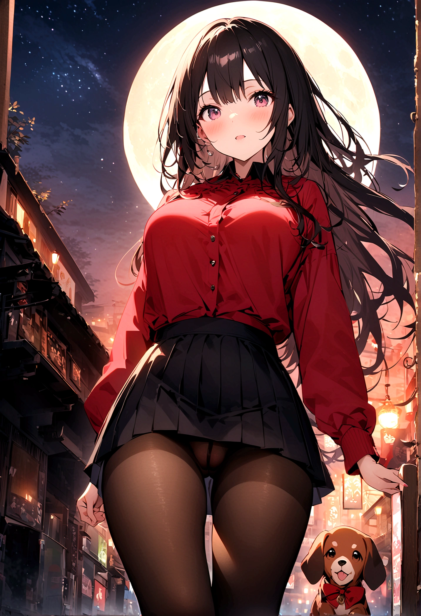 Dog 1、Woman 1、Red miniature dachshund、Red miniature dachshund long hair、dog'color is red、woman with very long black hair、Busty women、Spectacular views、Night Scene、The view from the top of the hill、Full moon night sky、swirling starry sky、8K、Best Quality、詳しいdogの顔、The woman is facing the opposite direction、Ria、I can't see a woman's face、The whole body is in the photo、Like the night view of Tokyo、The woman is wearing a miniskirt and her crotch is visible.、Pantyhose legs