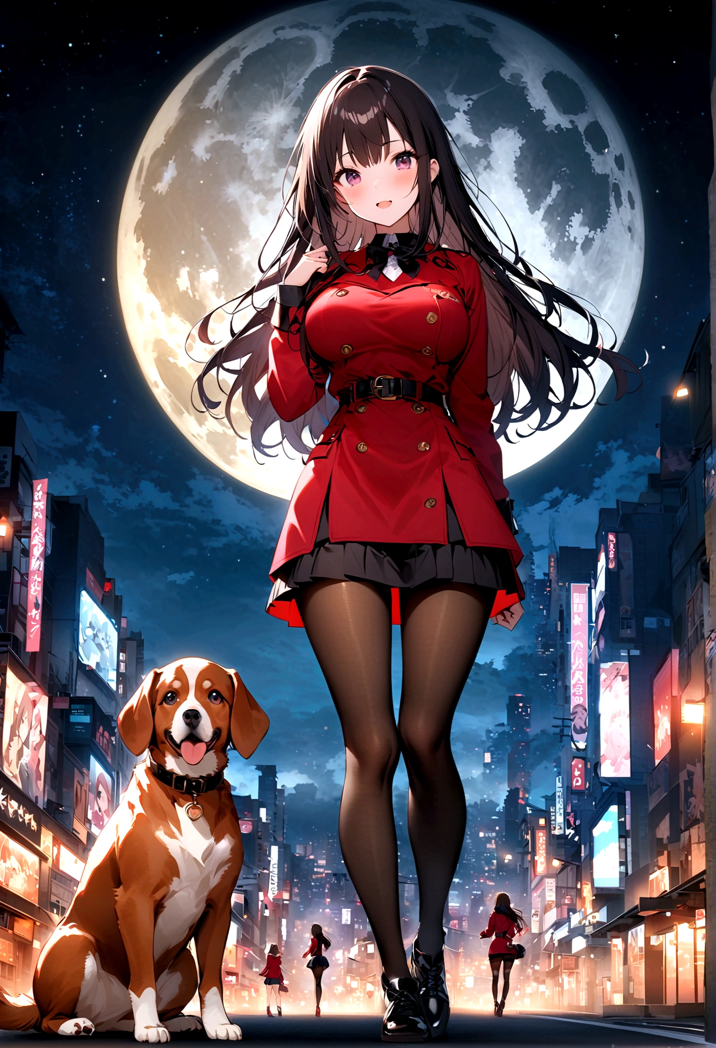 Dog 1、Woman 1、Red miniature dachshund、Red miniature dachshund long hair、dog'color is red、woman with very long black hair、Busty women、Spectacular views、Night Scene、The view from the top of the hill、Full moon night sky、swirling starry sky、8K、Best Quality、詳しいdogの顔、The woman is facing the opposite direction、Ria、I can't see a woman's face、The whole body is in the photo、Like the night view of Tokyo、The woman is wearing a miniskirt and her crotch is visible.、Pantyhose legs