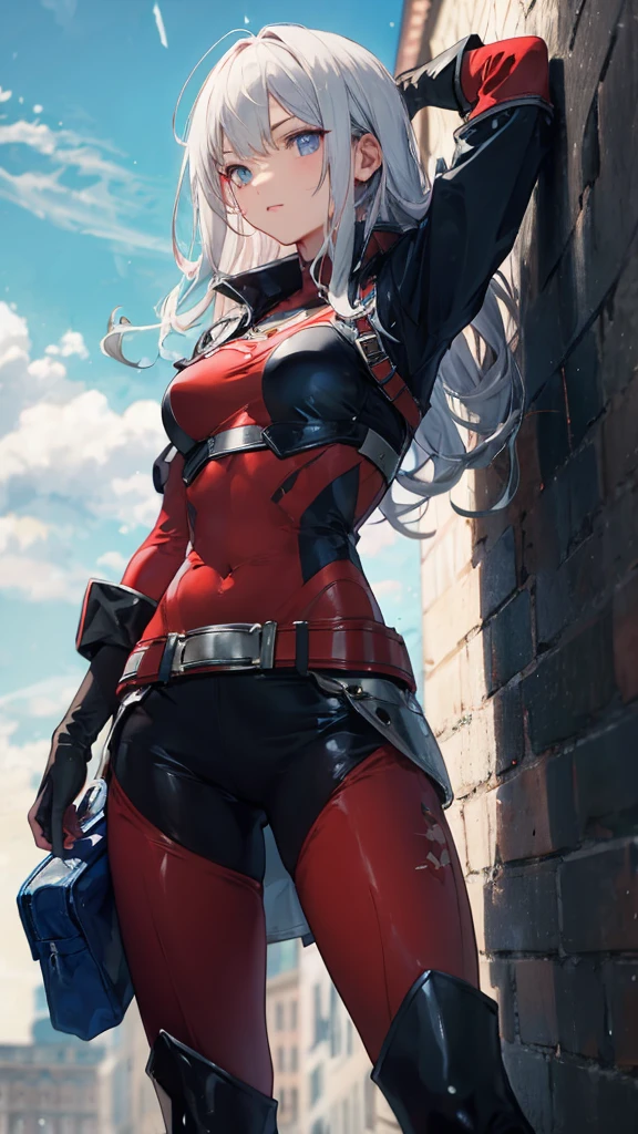 Sexy anime girl, white hair, red eyes, Sitting on building and crushing it, the building is collapsing, wearing latex pants,(orgasm, Ahegao, crossed eyes, she is happy and horny), (collapsing building), her ass is crushing the building, her ass facing screen, impact, girl is riding a building