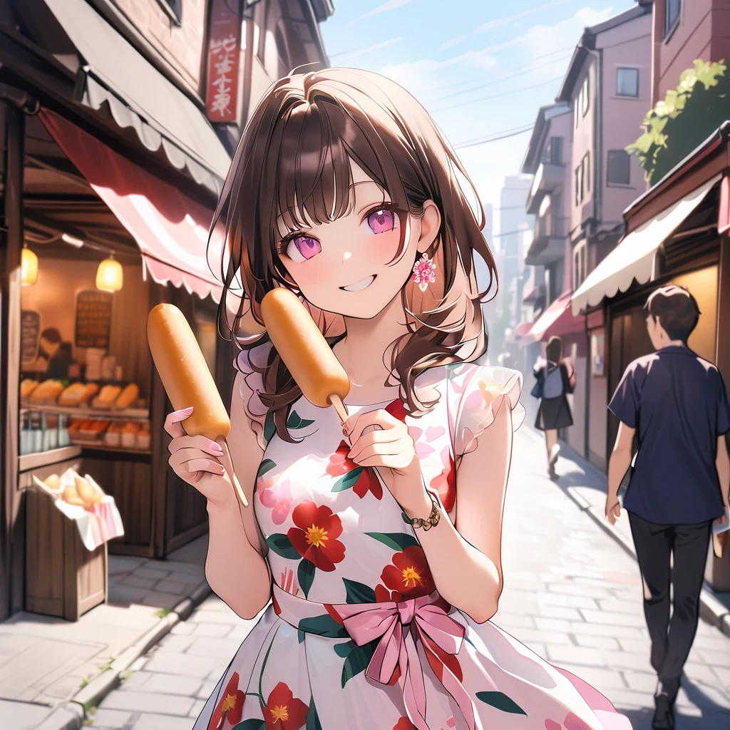 A beautiful young girl, pink eyes, brown hair, happy smile, floral print dress, purple earrings, holding a corndog with her one hand, outdoors, street, background publics