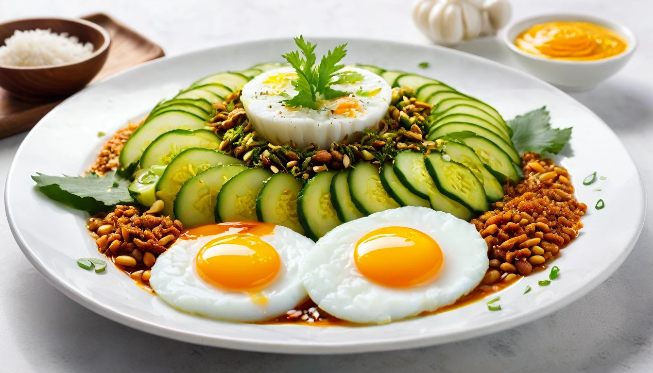 Imagine a plate of Nasi Lemak on a plain white background. In the center is a mound of white rice. Surrounding it are fresh cucumber slices, a halved boiled egg with a bright yellow yolk, and golden-brown anchovies in spicy sambal gravy. Roasted peanuts are scattered around, adding texture. The simplicity of the background highlights the vibrant colors and textures, making the dish look irresistibly delicious.