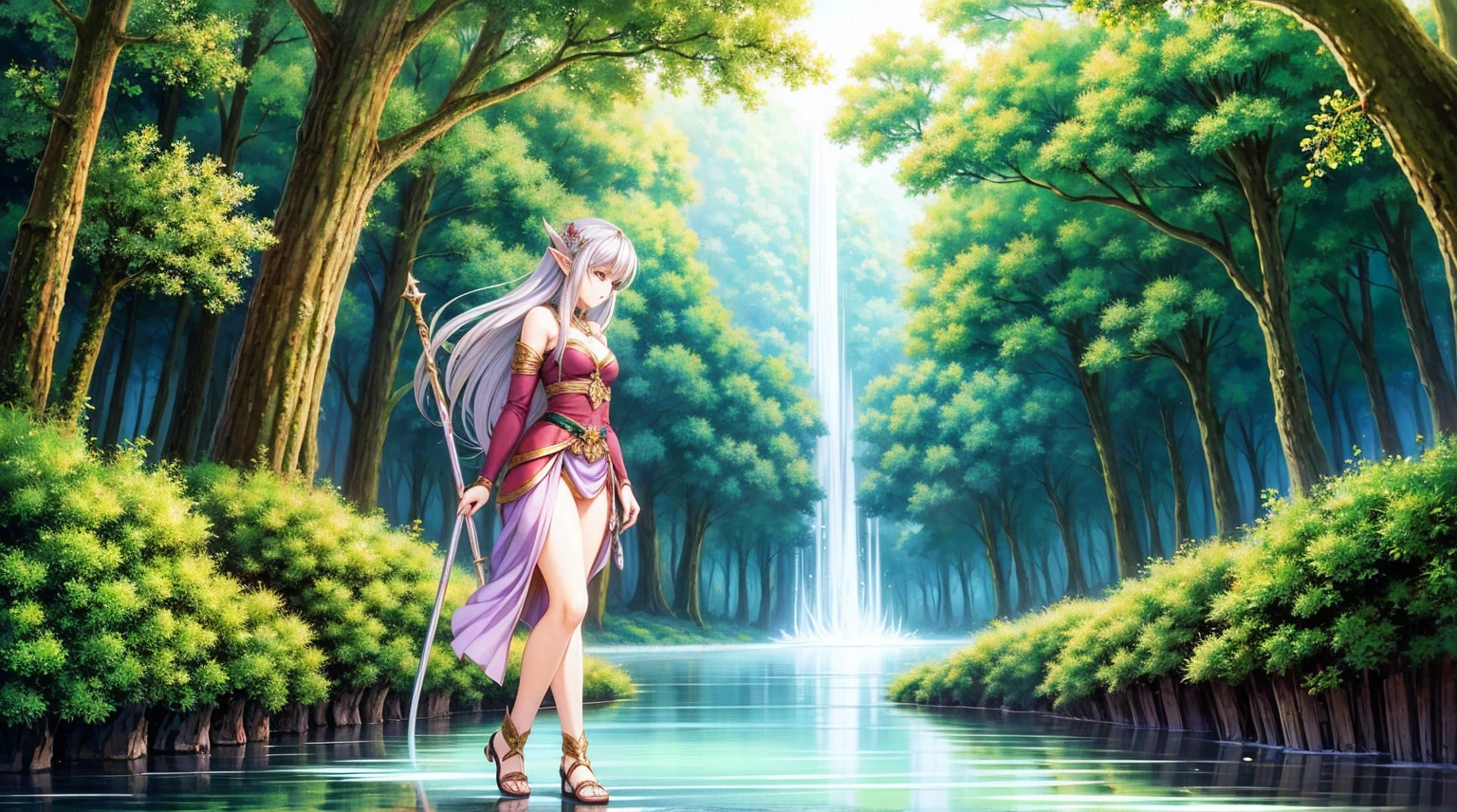 Seras、One of the elves, bionde, Long hair, blue eyes, Waldsee、Her hair shimmers in the sunlight, create a magical atmosphere、On a rock in the Waldsee、Sit、barefoot、BREAK Masterpiece、Beautiful attention to detail:1.2, perfect lightning, (perfect hand, perfect anatomy), Pubic hair, viele Pubic hair, busch Pubic hair