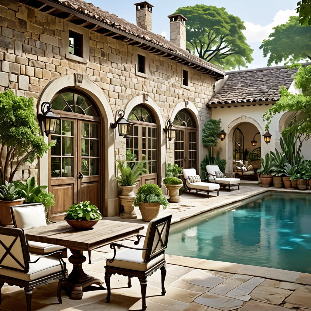 Generate a vintage-inspired courtyard scene featuring a picturesque pool. The courtyard should have weathered stone walls, large wooden doors, and a mix of vintage furniture. Include wrought iron chairs and tables, antique-style lanterns, and an assortment of potted plants. The pool should have a timeless look with clear, reflective water, and the overall atmosphere should be nostalgic and tranquil, with a view of lush greenery and mountains in the background.

