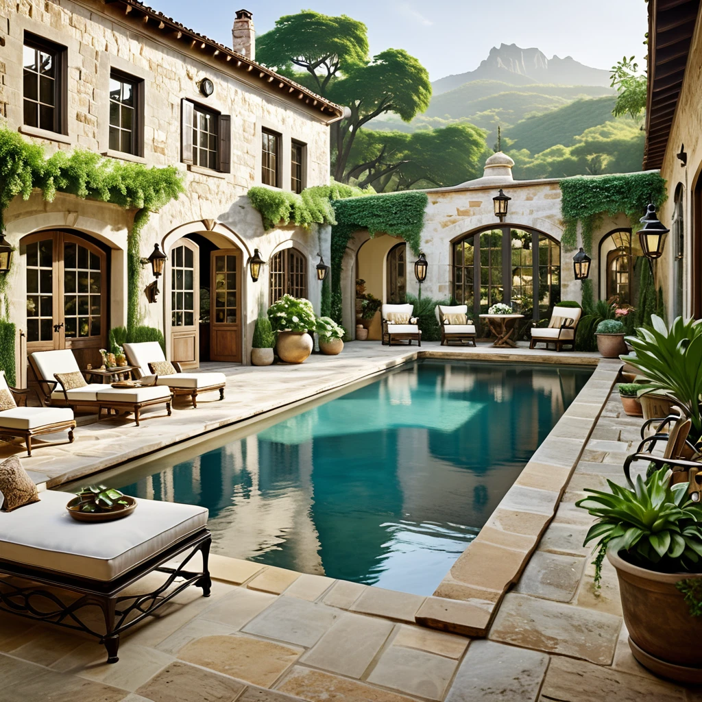 Generate a vintage-inspired courtyard scene featuring a picturesque pool. The courtyard should have weathered stone walls, large wooden doors, and a mix of vintage furniture. Include wrought iron chairs and tables, antique-style lanterns, and an assortment of potted plants. The pool should have a timeless look with clear, reflective water, and the overall atmosphere should be nostalgic and tranquil, with a view of lush greenery and mountains in the background.