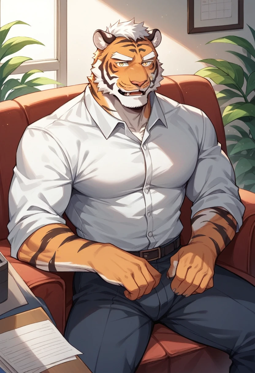 Siberian tiger,personification,Mature male,Strong Man,Enthusiastic expression,Black pupil,Light white eyebrows,Sitting on the sofa,office。