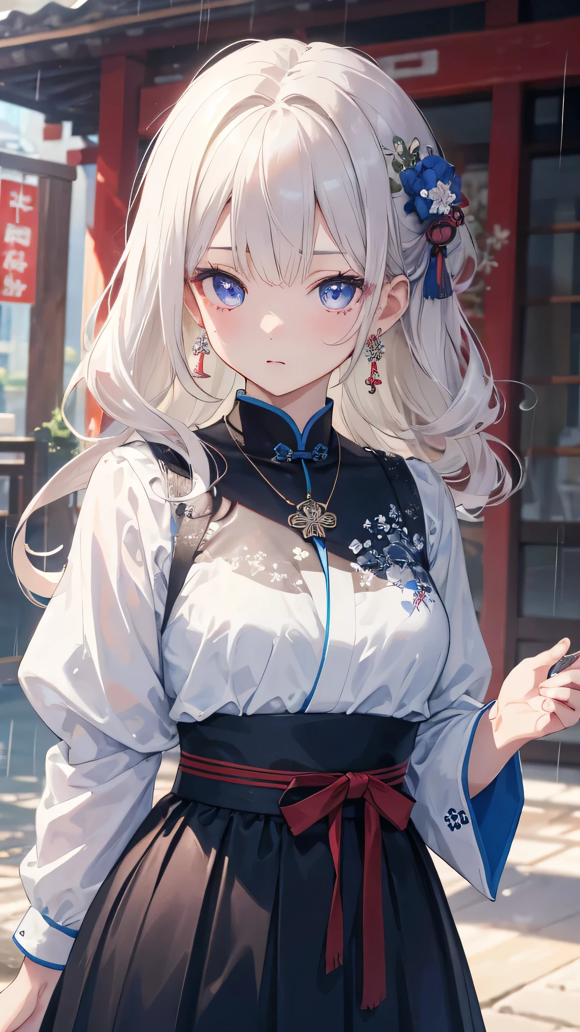 (best quality),((masterpiece)),(high resolution), The original, (Extremely detailed 8k wallpaper), Overexposure,1 Girl,(Medium breasts),(Extremely delicate and beautiful),(Beautiful and detailed description of the eyes),(Beautiful and detailed facial portrayal),(Solitary),(Upper Body),Put your hands behind your back,Rain skirt,Hair accessories, necklace, Jewelry,earrings,Chinese Architecture,curls,Messy hair,side fringe,, masterpiece, best quality,Transparent silk cost,Kawaii's face,Japanese cartoons,Transparent colored clothing,(ulzzang-6500:1.2)