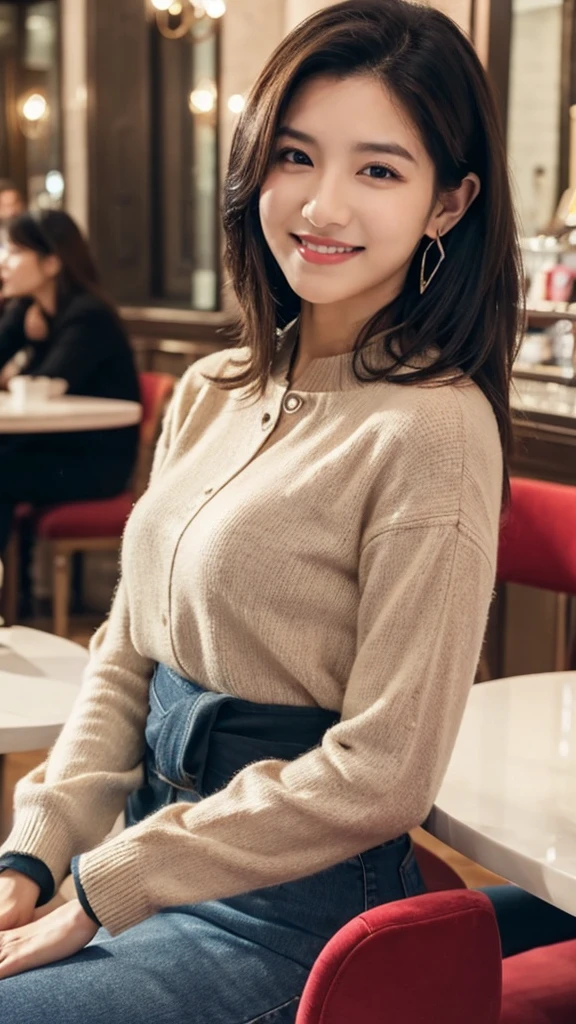 ((Top quality, 8K, masterpiece: 1.2)), beautiful, pure, Oval face, Kind and lovely, sweet smile, pure Desire, slim body, ((front)), (Looking at the camera), Wear a casual suit, Medium Length Hair, Long shoulders, Big, round, black eyes, A pair of big clear eyes, Hydrating red lips, Sweet, sit on the chair, Coffee shop background, ((Waist Shot)),