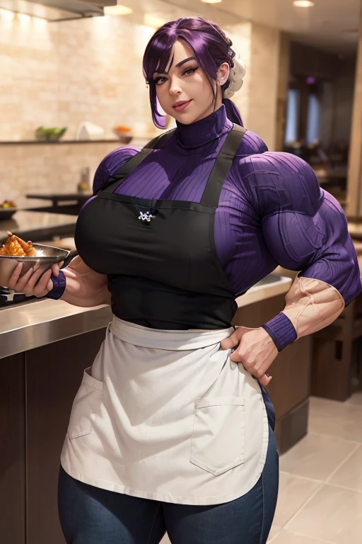 ((((Massive beautiful, buff, bulky, pale white skinned muscular, female chef with violet purple hair, ginormous bulky muscles, cooking and wearing a violet turtleneck sweater with a denim pants and a long apron)))), (close view), vascular, massive muscles, massive biceps, hyper muscle shoulders, vascular shoulders, hyper muscle triceps, (long hair with long bangs), black eyes, (denim pants), (high heel boots), sensual smile, (a long apron), (in a restaurant kitchen), at evening, Vascular arms, hyper vascular arm, hyper muscles arms, hyper muscle legs, massive buff arms