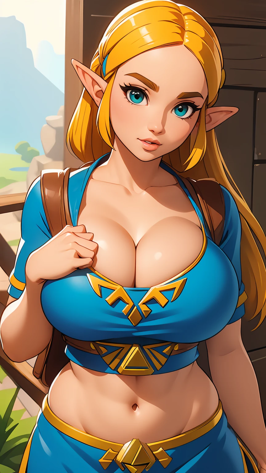 ((masterpiece)), ((best quality)), (detailed), perfect, solo, zelda, gorgeous woman, luscious lips, long hair, huge breast, deep cleavage, huge breasts, sexy, 