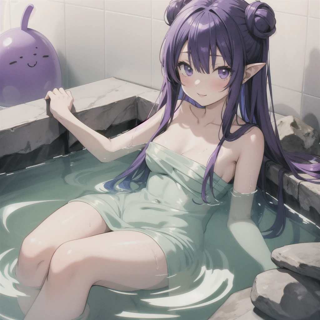 anime girl long purple hair {{Wrapped in a bath towel}}. she has pointy ears. Manga kawaii. iridescent ,An illustration, sitting in a rock