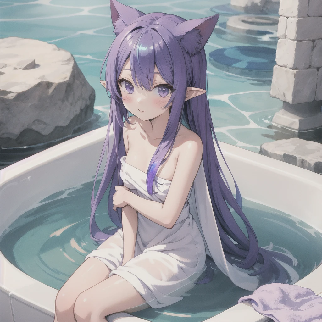 anime girl long purple hair, soak in a hot spring,{{Wrapped in a bath towel}}. she has pointy ears. Manga kawaii. iridescent ,An illustration