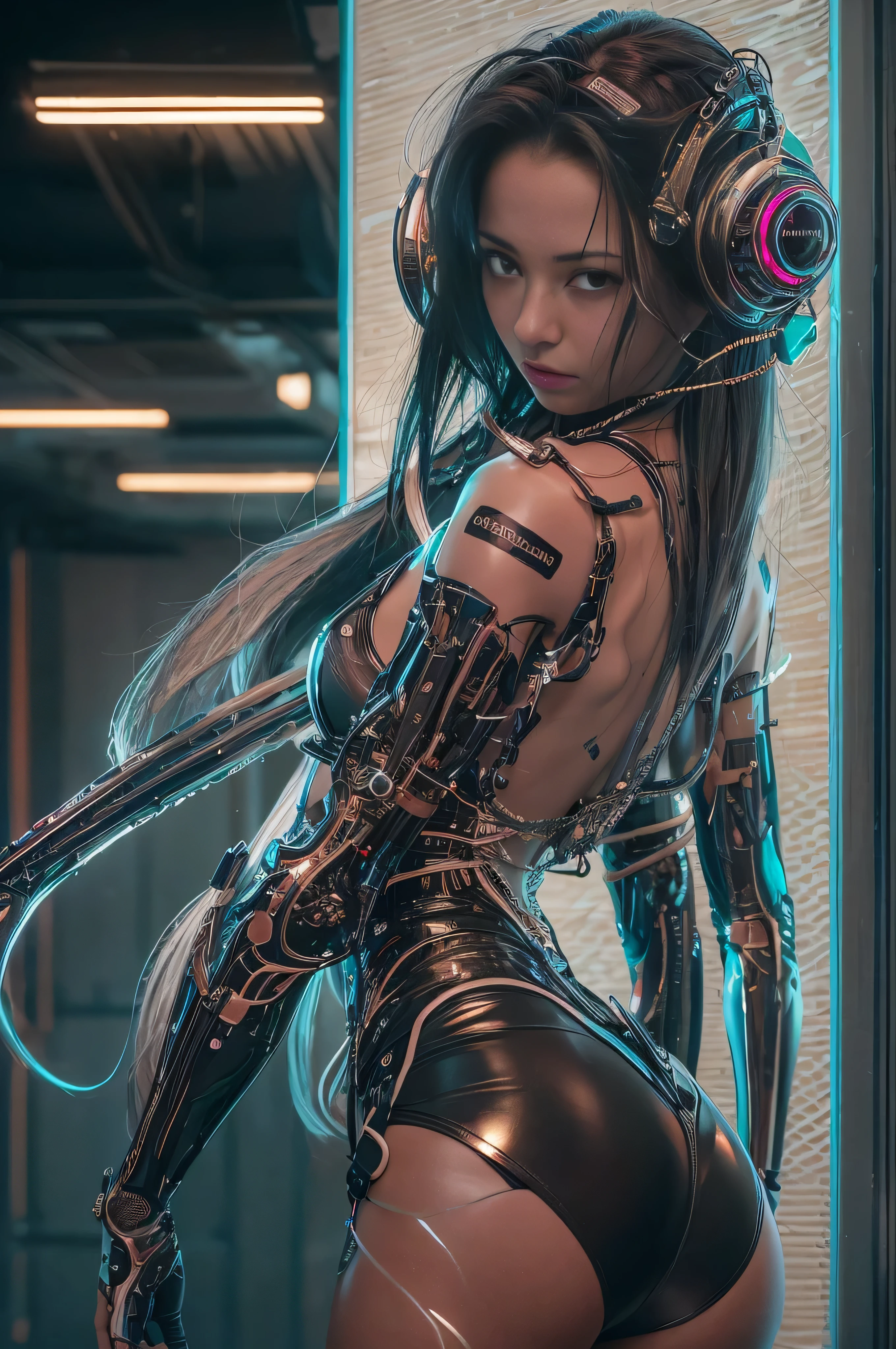 highest quality, masterpiece, Ultra-high resolution, ((Realistic: 1.4), RAW Photos, 1. Cyberpunk Girl, Black Hair, Glowing Skin, 1 Mechanical Girl, (Ultra-Realistic Details)), Cinema Lighting, Deep Shadow, Octane Rendering, 8k, Super sharp, Metal, Exquisite decorative details, More about Egypt, Very intricate details, Realistic Light, CGSoation Trend, To the camera, Neon Light Details, Mechanical Limbs, Blood vessels connected to tubes, Mechanical vertebrae attached to the back, Mechanical cervical attachment to the neck, Wires and cables connecting to the head, Evangelion, Glowing little light, (A dazzling cyberpunk cityscape in the background).(RAW Photos:1.2),Camel Toe,Hollow On,Sweat Legs,, Smooth pink skin, shiny Metallic glossy skin, Shiny,Spread your leg-shaped foot,Angry expression,Bad mood,Irritated, whole body,whole bodyのような