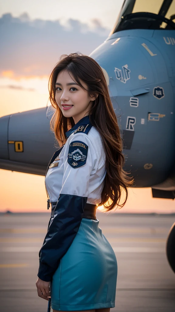 (highest quality, 8K, 32k, masterpiece, uhd:1.2), (realistic:1.5), (masterpiece, Highly detailed CG Unity 8K wallpaper, highest quality, High resolution:1.2), (Super detailed, uhd:1.2), Photo of extremely cute and beautiful Japanese woman, (Long wavy chestnut hair:1.2), adult, (detailed beautiful girl:1.4), highest quality, woman, adult, (Detailed US Air Force Pilot Uniform:1.5), (Pilot Captain Jacket:1.3), (High waist pencil mini skirt:1.3), (Beautiful sunset us air force base runway view background:1.2), (A-10、F-18、air force plane)laugh shyly:1, looking at the viewer, towards the audience, ((Perfect woman's body)), (tight waist:1.2), (Image of the whole body from the knees up:1.3), thin, abs, (beautiful breasts:1.25), assemble the head, wind, dynamic pose, cinematic light, Backlight, fine clothes, perfect anatomy, perfect proportions, detailed human body, Stylish model in sexy pose,soft expression、smile、Sexy slit thighs and beautiful legs、A sneak peek of abs、A glimpse of her no underwear , Besides have a Myanmar National Flag and Myanmar Airplane.
