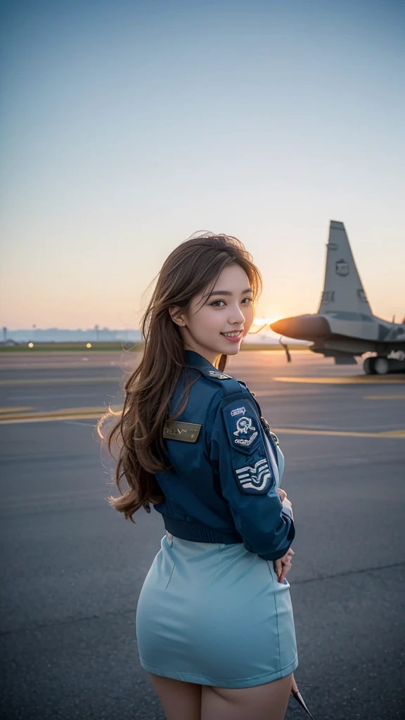 (highest quality, 8K, 32k, masterpiece, uhd:1.2), (realistic:1.5), (masterpiece, Highly detailed CG Unity 8K wallpaper, highest quality, High resolution:1.2), (Super detailed, uhd:1.2), Photo of extremely cute and beautiful Japanese woman, (Long wavy chestnut hair:1.2), adult, (detailed beautiful girl:1.4), highest quality, woman, adult, (Detailed US Air Force Pilot Uniform:1.5), (Pilot Captain Jacket:1.3), (High waist pencil mini skirt:1.3), (Beautiful sunset us air force base runway view background:1.2), (A-10、F-18、air force plane)laugh shyly:1, looking at the viewer, towards the audience, ((Perfect woman's body)), (tight waist:1.2), (Image of the whole body from the knees up:1.3), thin, abs, (beautiful breasts:1.25), assemble the head, wind, dynamic pose, cinematic light, Backlight, fine clothes, perfect anatomy, perfect proportions, detailed human body, Stylish model in sexy pose,soft expression、smile、Sexy slit thighs and beautiful legs、A sneak peek of abs、A glimpse of her no underwear , Besides have a Myanmar National Flag and Myanmar Airplane.