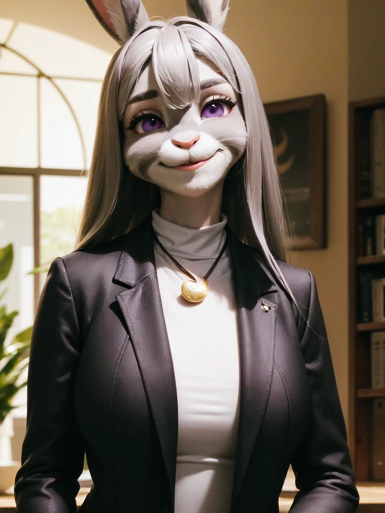 best quality,
masterpiece,
hyper Realistic,
ultra-detailed,
beautiful detailed,
4K，8K，High level,
PIXAR,
Photo real,
Portrait,
Looking at the audience upside,
stare into the distance,
background in bloom office,
Realistic lighting,

((anthropomorphic rabbit)),
detailed animals,
Complex patterns,
(furry:1.35),
(Whole skin is gray:1.35),
(body is fluffy and bushy:1.35),
Realistic fur,

((human hands)),

(Face is JudyHopps:1.35),
((long straight hair))
wispy bangs, bangs,
purple eyes,
{highlight on eyes, crisp eyes, sparkle in the eyes, round big pupils},
detailed iris, 
(rised eyebrows:1.2),
(Crescent Brows:1.3),
(rabbit ears:1.1),
Smile,
Big Smile,
Innocent smile,
raised corners of mouth,

office lady is wearing suit,
((White blouse)) BREAK ((Black blazer)) BREAK ((Black pants)),

clothes made of wool,

(solo:1.5),
(1 lady:1.5),
one character only
alone,
Perfect Anatomy,

highlight,
sunlight,
daylight,
intricate details, 
ray tracing, 
photorealistic, 
lighter shadows,