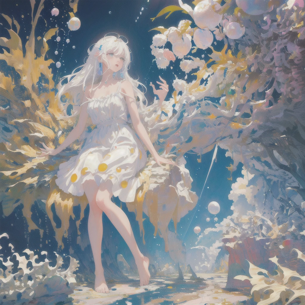 (masterpiece, best quality:1.2), (ultra detailed),(illustration), wallpaper, original, 1girl, messy white hair, spaghetti strap, white dress, bare legs, bare feet, bare arms, space, Earth background, near-earth orbit, full body, ,(surrounded by colorful splashes and dot),colorful bubble,(shining)