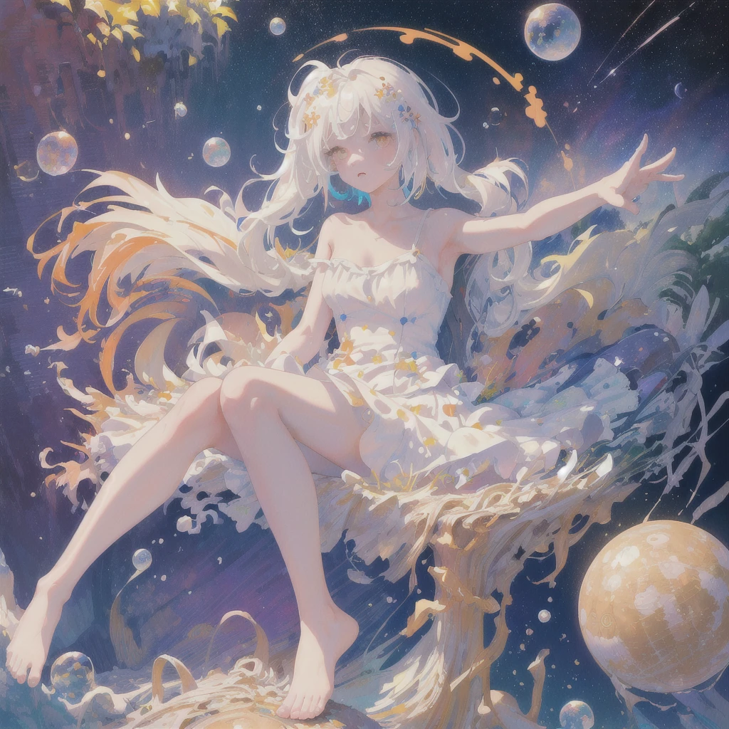 (masterpiece, best quality:1.2), (ultra detailed),(illustration), wallpaper, original, 1girl, messy white hair, spaghetti strap, white dress, bare legs, bare feet, bare arms, space, Earth background, near-earth orbit, full body, ,(surrounded by colorful splashes and dot),colorful bubble,(shining)