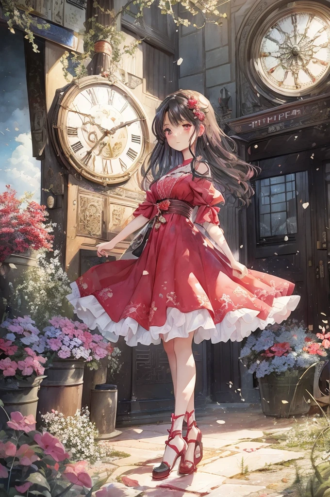 anime girl in a red dress walking in front of a clock, cute anime waifu in a nice dress, splash art anime loli, loli in dress, beautiful fantasy anime, beautiful anime art, guweiz on pixiv artstation, cushart krenz key art feminine, anime style 4 k, rin tohsaka