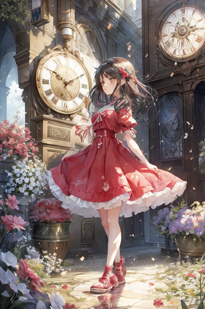anime girl in a red dress walking in front of a clock, cute anime waifu in a nice dress, splash art anime loli, loli in dress, beautiful fantasy anime, beautiful anime art, guweiz on pixiv artstation, cushart krenz key art feminine, anime style 4 k, rin tohsaka
