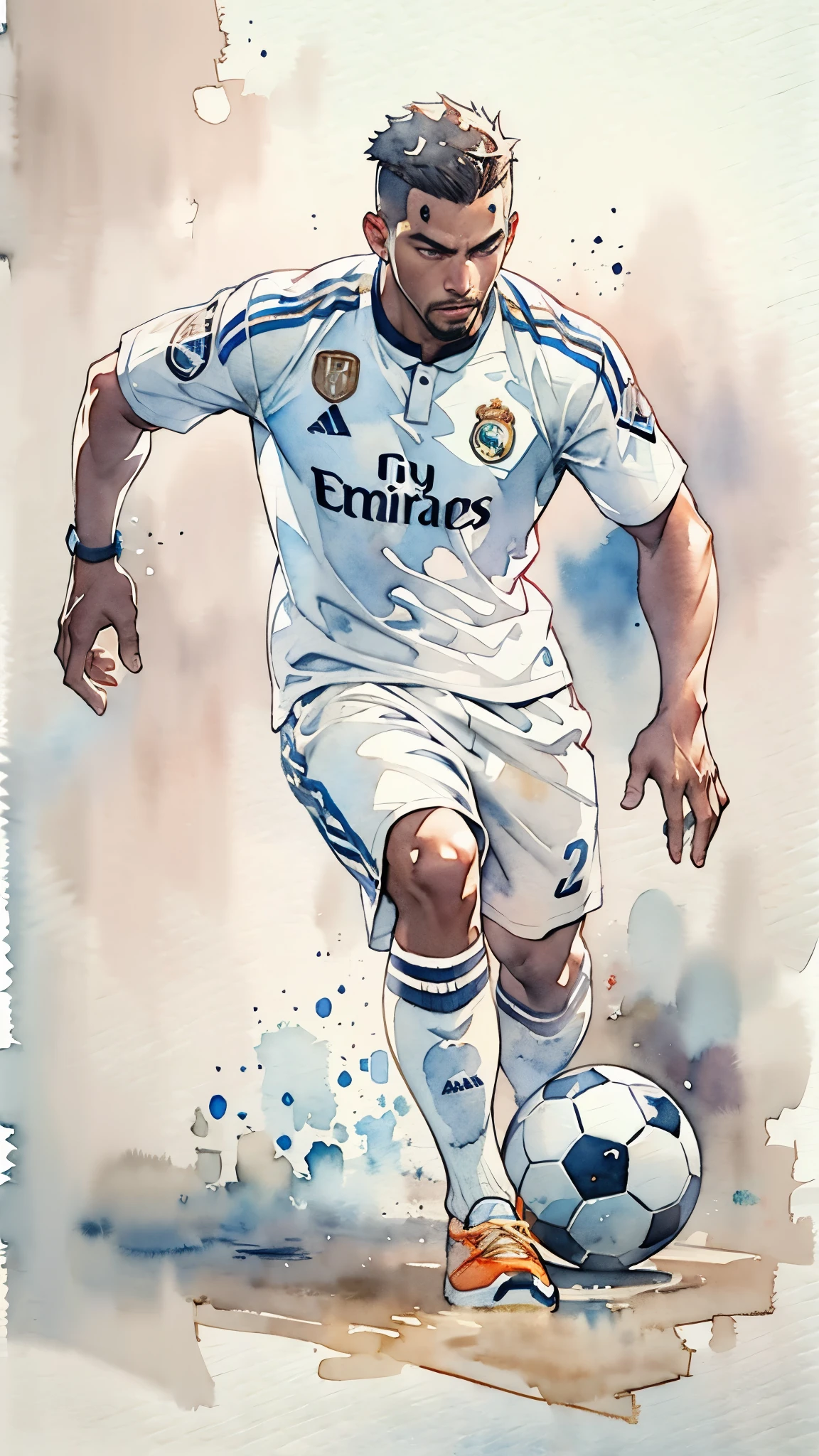 (masterpiece:1.2, Highest quality),(Very detailed),(((watercolor))),8K,wallpaper,(Real Madrid uniform),(Soccer Shoes),26 years old,Black man,Dribbling,(((front))),(((whole body:1.5))),(Serious),((Detailed hand drawing)),(((透明watercolor:1.4))),(((Dynamic Dribble)))