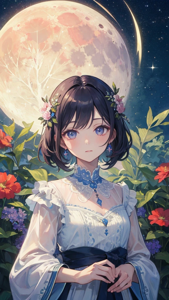 Highest quality、Black Hair、Iris、short hair、girl、cute、、、Small hair ornament、1 person、cuteワンピース、Full moon night、Confession、Handing over the ring、Cheeks are a little red、I'm a little embarrassed