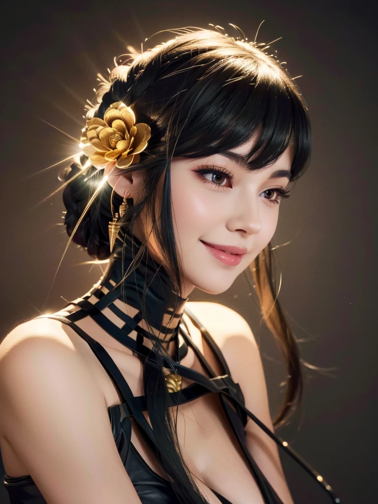 beautiful woman, narrow waist, perfect figure, beautiful eyes, long eyelashes, lustrous lips, perfect body, beautiful skin, (best quality,4K,8K,highres,masterpiece:1.2),ultra-detailed,(realistic,photorealistic,photo-realistic:1.37), cinematic scene, beautiful smile, fashion model, long chestnut hair, attractive clothing, beautiful ornaments、nice black dress、A kind smile、Full moon night sky、A pose that will captivate you