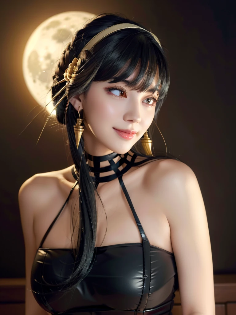 beautiful woman, narrow waist, perfect figure, beautiful eyes, long eyelashes, lustrous lips, perfect body, beautiful skin, (best quality,4K,8K,highres,masterpiece:1.2),ultra-detailed,(realistic,photorealistic,photo-realistic:1.37), cinematic scene, beautiful smile, fashion model, long chestnut hair, attractive clothing, beautiful ornaments、nice black dress、A kind smile、Engage your audience、Full moon night sky