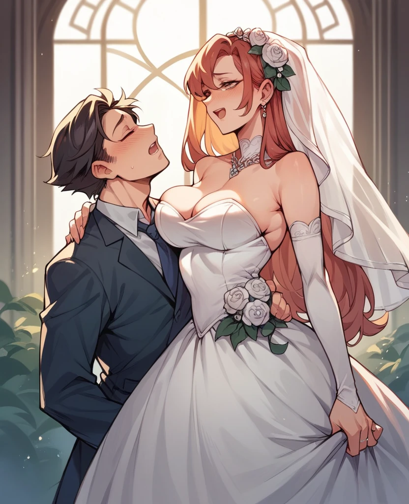 a girl with big boobs wearing bride dress and is cumming inside the dress but have to hide it because the guests are there