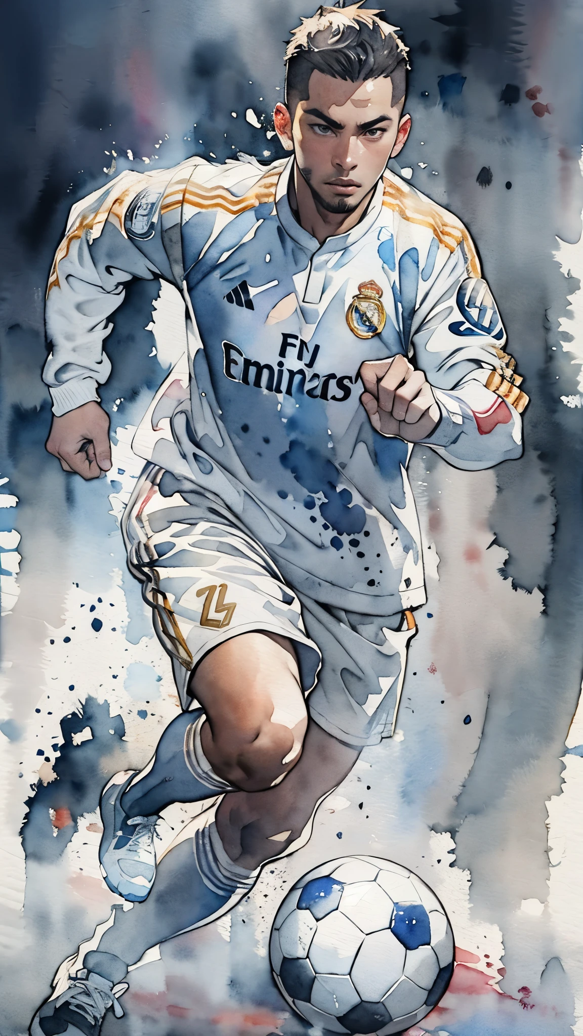 (masterpiece:1.2, Highest quality),(Very detailed),(((watercolor))),8K,wallpaper,(Real Madrid uniform),(Soccer Shoes),26 years old,Black man,Shooting,(((front))),(((whole body:1.5))),(Serious),((Detailed hand drawing)),(((透明watercolor:1.4))),(((Dynamic shoots)))