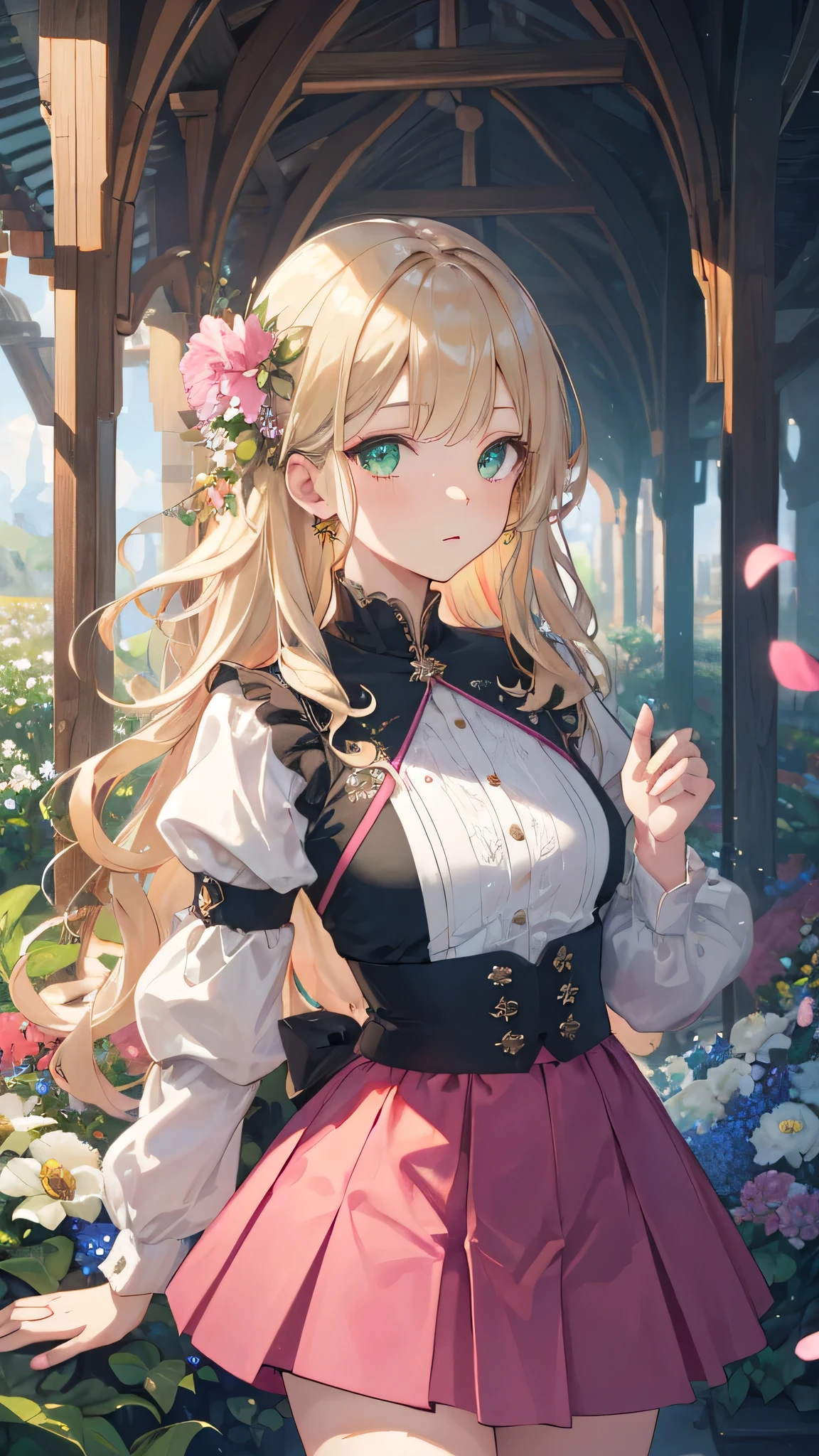 (absurd, high resolution, Extremely detailed), 1 Girl, Mature female, Wavy Blonde, Long hair, Bangs, Green Eyes, Pink skirt, Exquisite eyes and face details, Extremely detailed CG unity 8k wallpaper, Intricate details, rest , Kaleidoscope of imagery, Symmetrical pattern, Vibrant colors, Geometric shapes, Fascinating design, Visual illusion, dynamic composition rest , Mime Art, Expressive body language, Silent storytelling, Evocative gestures, Visual Storytelling, theatrical performances rest , Blooming flowers, Colorful petals, aromatic smell, A gift from nature, Vibrant garden, Tranquil scenery