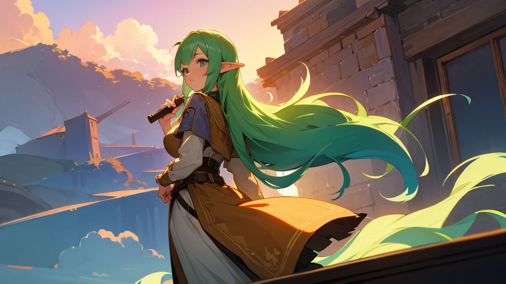 Anime Style,Nostalgic,Detailed background,The medieval world,A lively bar with lots of people,Beautiful sky,A beautiful bard elf girl looking back at me