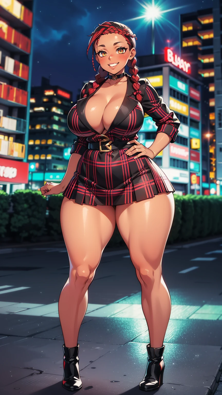 4K Quality, grinning, sexy pose, (black plaid skirt), standing up, ((black and red braids)), (dark skinned), thick thighs, big breasted, big ass, looking at viewer, amber eyes, night time, bedroom eyes, full body, neon city background, perfect face, perfect body, perfect eyes, full lips,