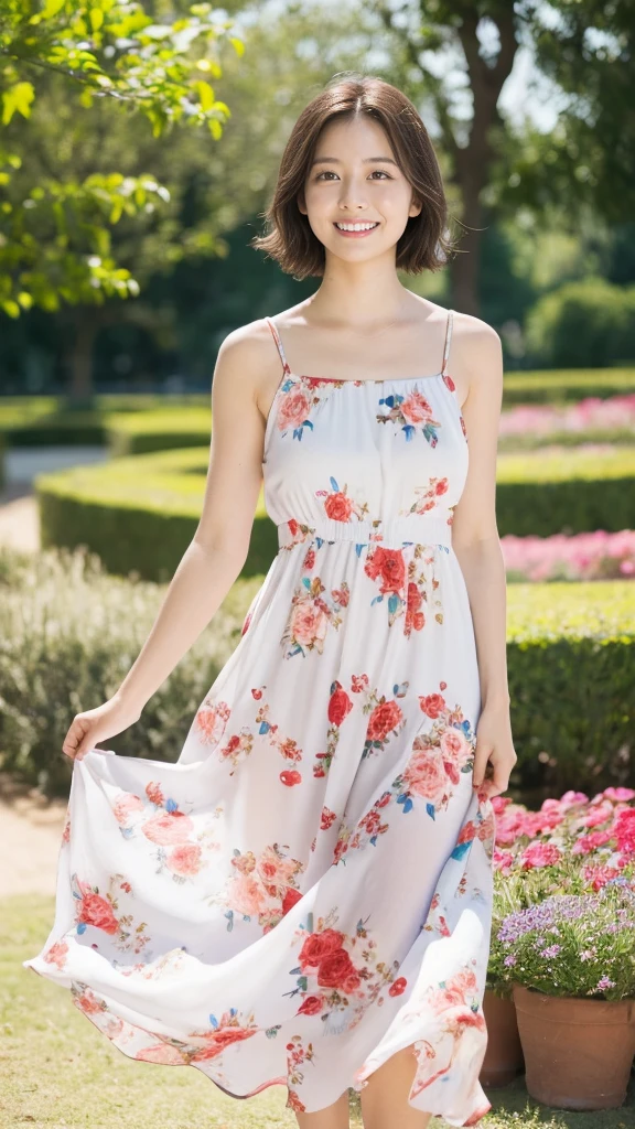 masterpiece, highest quality, disorganized, perfect anatomy, 1 girl, alone, pascal tales, short hair, beautiful, Hilarious, sunny day, botanical garden, Summer winds, sundress, Floral, wavy hair, smile