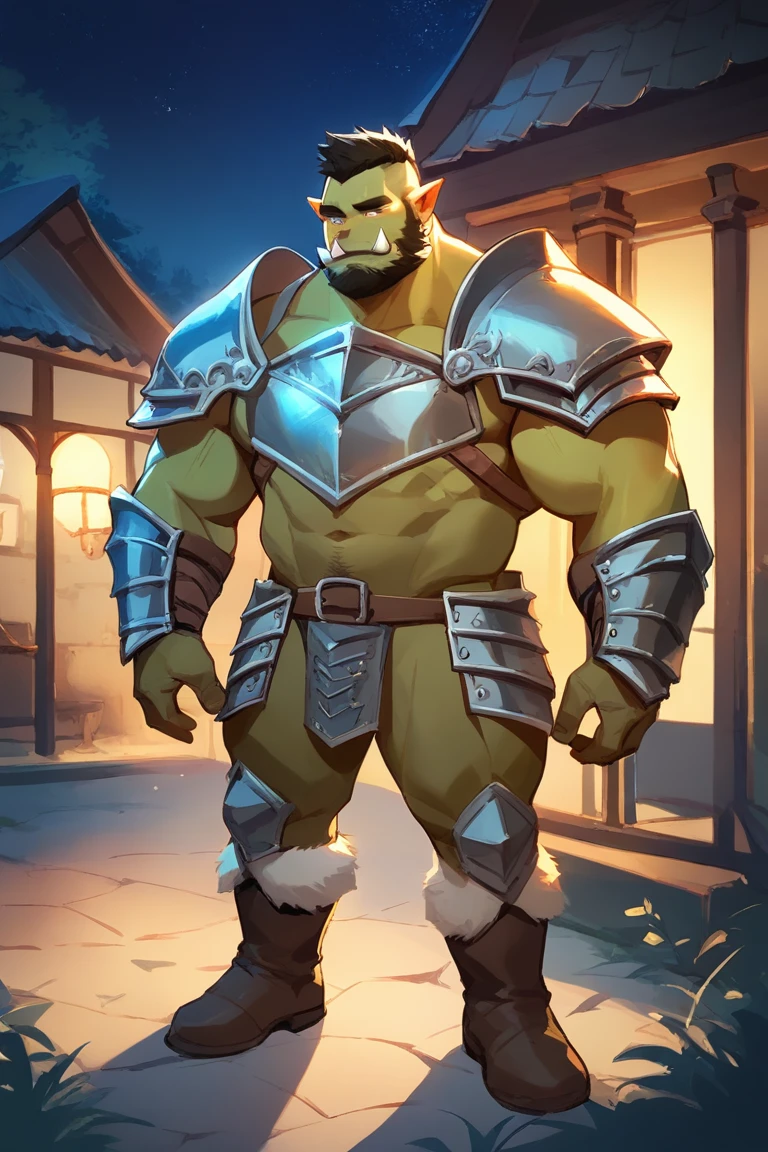 score_9, score_8_up, score_7_up, solo, male focus, bulk male, orc, green skin, tusks, beard, outdoors, micro armor , shoulder armor, breastplate, upper body, closed mouth, pauldrons, night, night sky , boots , (micro condom) , full body , black boots , laying spreadlegs