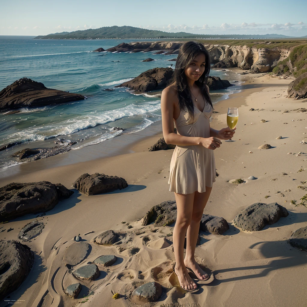 young woman, standing on the sandy shore of the azure sea in a beautiful pareo with a glass of champagne