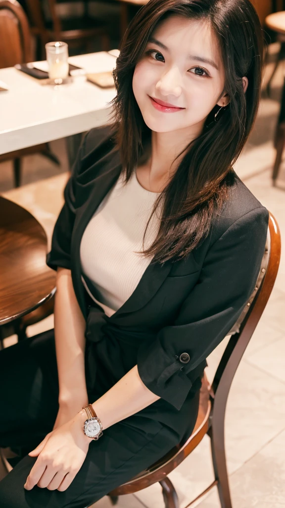 ((Top quality, 8K, masterpiece: 1.2)), beautiful, pure, Oval face, Kind and lovely, sweet smile, pure Desire, slim body, ((front)), (Looking at the camera), Wear a casual suit, Medium Length Hair, Long shoulders, Big, round, black eyes, A pair of big clear eyes, Hydrating red lips, Sweet, sit on the chair, Coffee shop background, ((Waist Shot)),